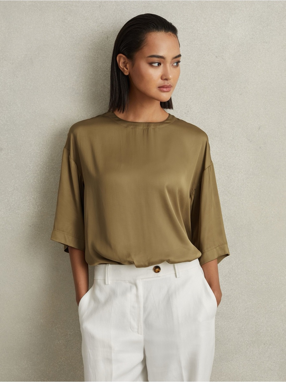 REISS Anya Relaxed Satin Blouse In Khaki Size 8